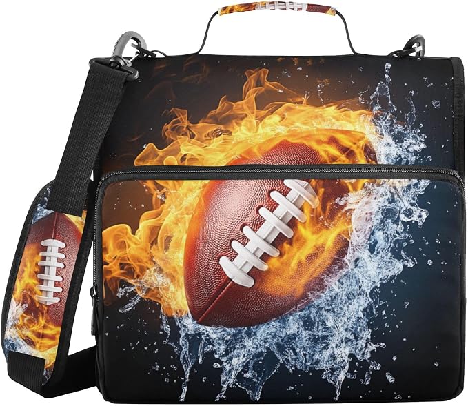 Football Print 3 Ring Zipper Binder with Shoulder Strap & Handle 3 Inch D-Ring Zippered Bag with Pencil Pouch,Multiple Pocket & Expanding File Folder, Binder Organizer for School or Office