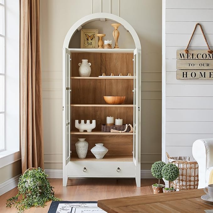 RowyPoey 71" Tall Arched Cabinet Bookshelf with Glass Door & Storage Drawer | Modern Farmhouse Display Cabinet,Adjustable Shelves,Wood Kitchen Pantry for Dining Room,Living Room,Office,Antique White
