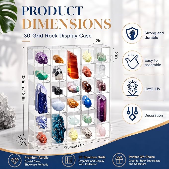 Cinnvoice Rock Display Case 30 Grids,Transparent Border,Square | Adjustable Acrylic Display Case, Crystal Organizer for Collectible, with Built-in Mirrored, Magnetic Door, Wall Mount