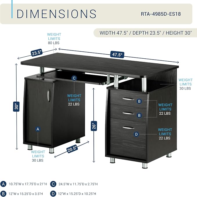 Techni Mobili 48''W Computer Desk with File Cabinet & Drawers, Espresso | Home Office, Keyboard Tray, Storage, Computer Workstation, Ideal for home office, Workspace organization