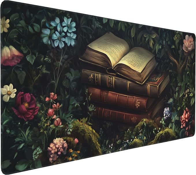 Floral Aesthetic Book Gaming Mouse Pad, Forest Green Moody Forest Desk Mat with Anti-Slip Base & Stitched Edges,35.4" x 15.7" in Desk Accessories for Women, Home Office Decor & Artistic Gift