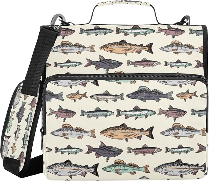 Fisyme Vintage Fish Zipper Binder 3 Ring with Zipper and Shoulder Strap Large Capacity Multi-Pocket Zipper Binder Organizer