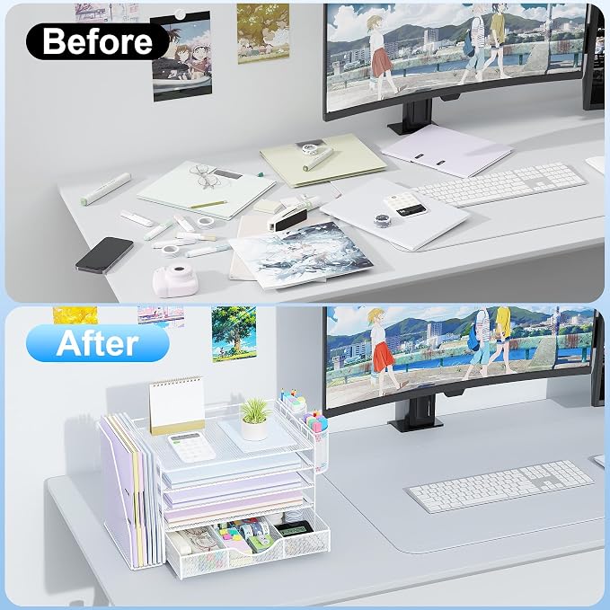 gianotter 5-Tier Desk Organizer with Drawers and File Holders | Letter Trays and Pen Holders - Workspace Accessories for Office Supplies (White)