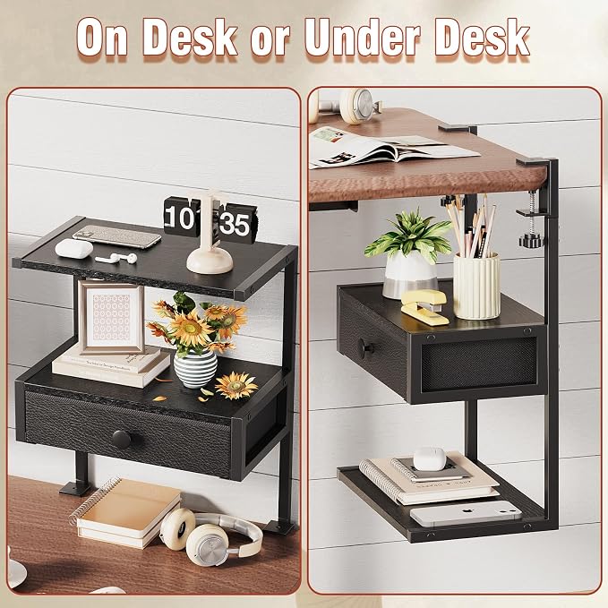 VENNQD Clamp On Desk Shelf, 2-Tier Desktop Organizer, Wood Desktop Supplies Tabletop Book Storage Rack with Adjustable Shelves for Table Working and Gaming Accessories, Black