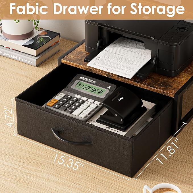 Masupu Printer Stand for Desk, Printer Table with Fabric Storage Drawer, 2 Tier Desktop Shelf, Multi-Purpose Desk Organizer for Home Office, 3D Printer, Fax Machine, Scanner, Rustic Brown