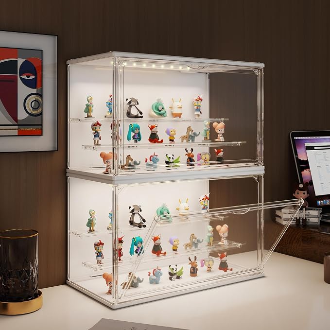 Clear Display Case for Collectibles, 3-Tier Adjustable Figure Display Case with LED Light, Stackable Acrylic Showcase with Magnetic Door for Jewelry,Collectibles (White, 1 Pack-8.7" H)