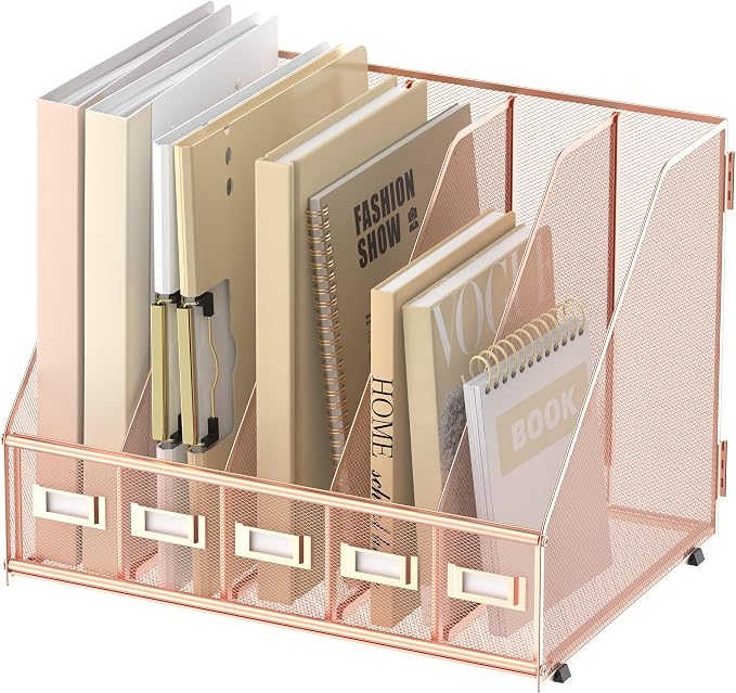 Desk Organizers Metal Desk Magazine File Holder with 5 Vertical Compartments Rack File Organizer for Office Desktop, Home Workspace, Rose Gold
