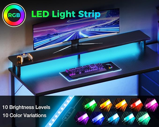 AODK Gaming Desk w/PC Showcase Stand, 59" Reversible, RGB LED, Black | Elevated stand fits Lian Li O11, Hyte Y60. Triple drawers hide cables, controllers, clutter