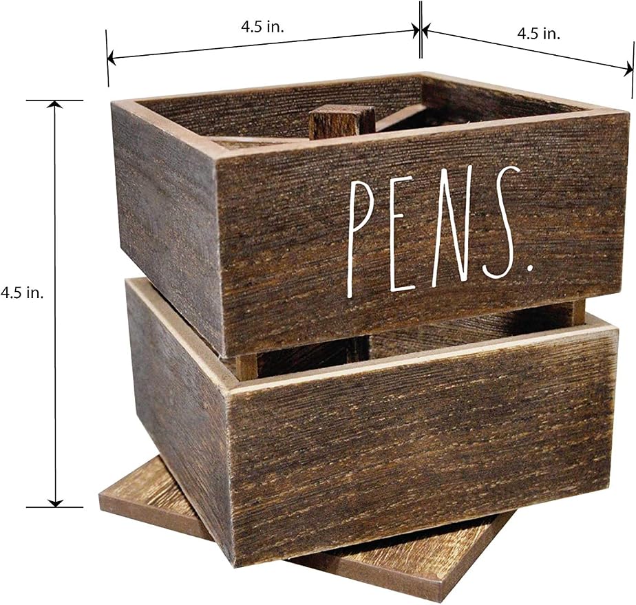Rae Dunn Pencil Cup - Wooden Pen Holder Desktop Organizer - Small Rustic Wood Desk Top Caddy for Office Accessories and Supplies - Organization for Home, School, Classroom, Work - Square Dark Brown