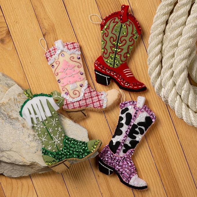 Bucilla Felt Applique 4 Piece Ornament Making Kit, Boots and Bling, Perfect for DIY Arts and Crafts