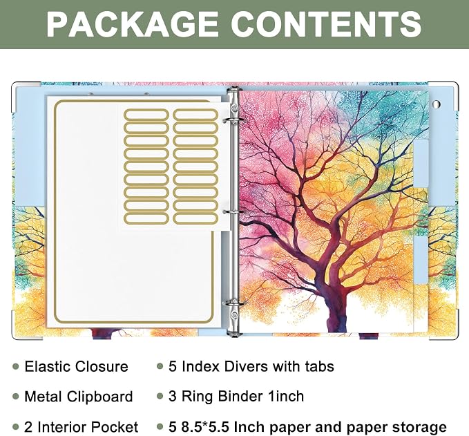 Rouidr Mini 3 Ring Binder with clipboard, 1 inch Round Binder Organizer, 8.5"x5.5" Cute Binder with 5 Dividers Tabs & Clear Sleeves, School Supplies, Office Supplies