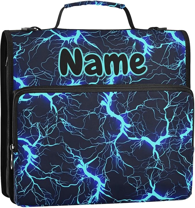 Custom Blue Black Electric Lightning 3 Ring Binder Bag 1.5 inch Personalized Name Binder Organizer 500 Sheet Documents Storage for School Office