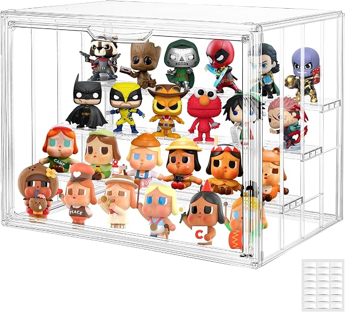 Acrylic Display Case for Figures, 4-Layer Stackable Storage Box | Display Cases for Collectibles, Tool Free Assembly, High Transparency Design, Magnetic Door, Adjustable Divider