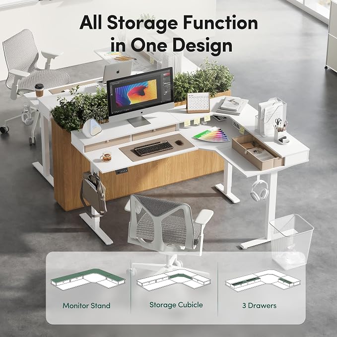 CubiCubi 63x48 Inches L Shaped Standing Desk with 3 Drawers and Monitor Shelf, Height Adjustable Corner Computer Desk with Hooks, Sit Stand Up Ergonomic Home Office Workstation Table, Warm White