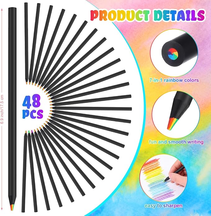 Nezyo 48 Pack Rainbow Colored Pencils Bulk-7 Color in 1 Wooden Rainbow Pencils Colored Pencil Art Supplies for Adults Drawing Coloring Sketching Reward Gifts Stocking Easter Basket Stuffers