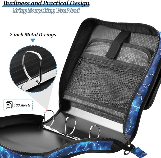 Blue Electric Lightning 3 Ring Binder Bag 1.5 inch Binder Organizer with Zipper Shoulder Strap 500 Sheet Documents Storage for School Office