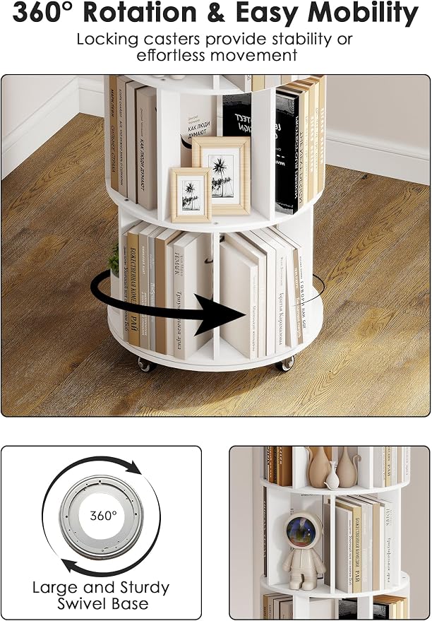 5 Tier 360° Rotating Bookshelf with Larger Capacity, Adjustable Small Space Bookcase on Wheels, Revolving Round Bookshelves, Tall Storage Book Shelf Tower for Bedroom Office Kids Room (White)