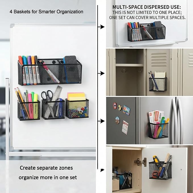 Neudeco Magnetic Pencil Holder, Black, Pack of 4 | Metal Mesh Storage Basket, Locker Shelf Organizer, For Whiteboard & Refrigerator, School & Office Supplies
