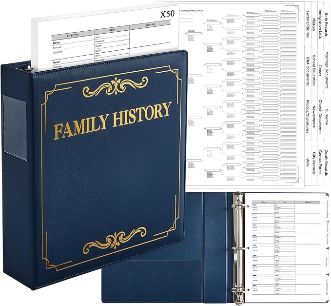 Family History Binder 3 Ring 50 Families Group Sheets 8th Generation Family Tree Chart 16 Genealogy Binder Dividers Navy Cover Genealogy Supplies with Pen Loop PVC Pocket for Families History
