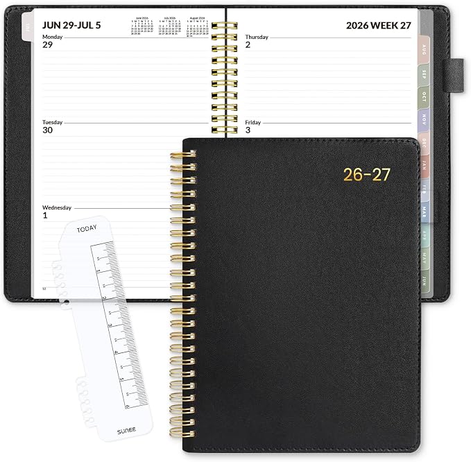 SUNEE 2026-2027 Weekly & Monthly Planner 6.4"x8.5" - 12 Month (July 2026 - June 2027), Vegan Leather Cover Planner Academic Year Calendar, Pocket, Notes, Monthly Tab, Black