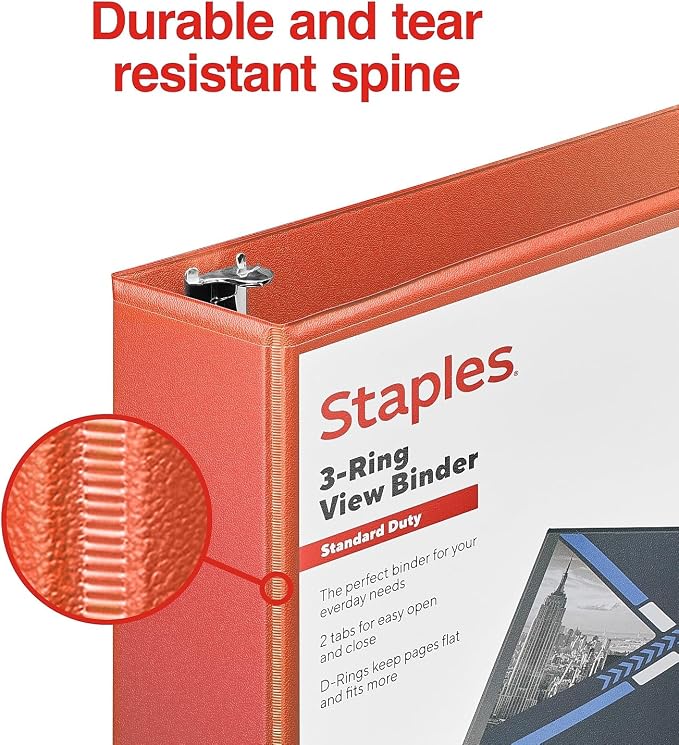 Staples Standard 2-Inch 3-Ring View Binder, Orange, 450 Sheets | Durable binder for office and school document organization and storage.
