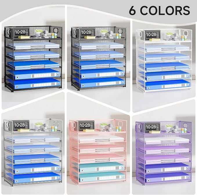 6-Tier Paper Organizer for Desk with Handle | Heavy Duty Metal File Organizer, Stackable Desktop Organizer for Office Supplies, Documents and Stationery Storage