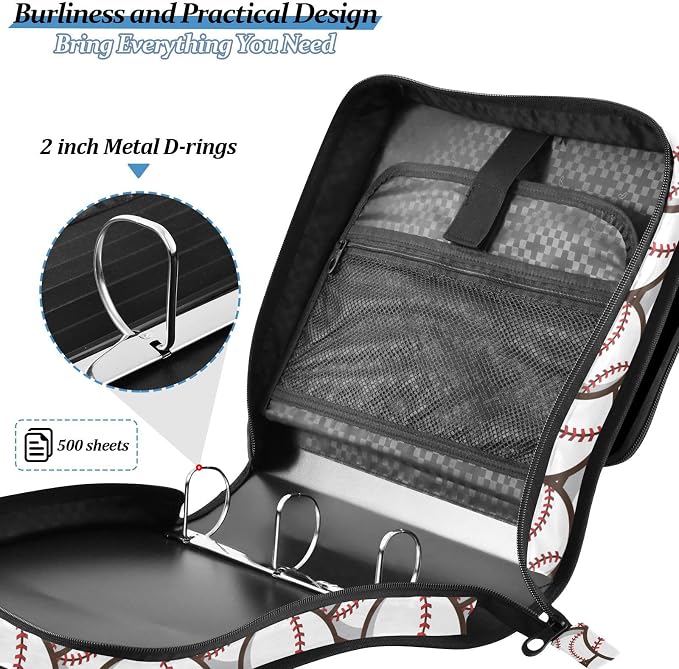 Ball Baseball White Print Zipper Binder Bag 3 Ring with Shoulder Strap & Handle Multi Pocket Binder Organizer Bag Large Capacity for School Office Supplies