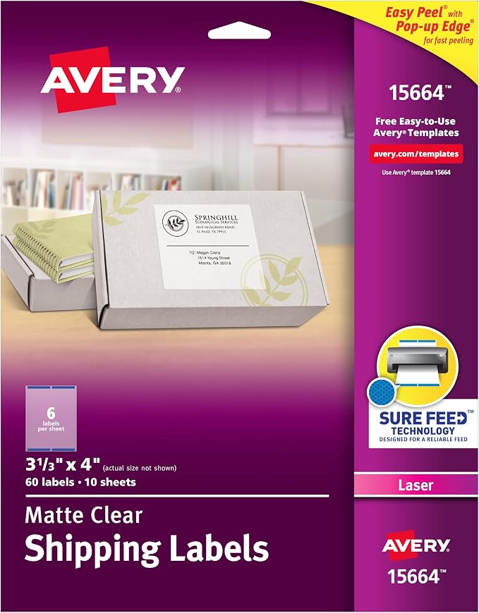 Avery Printable Shipping Labels, Sure Feed Technology, 3-1/3" x 4", Matte Clear, 60 Blank Mailing Labels (15664)