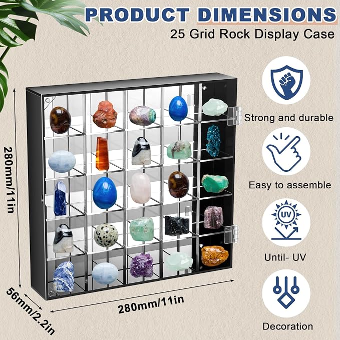 Cinnvoice Rock Display Case 25 Grids,Black Border, Square | Adjustable Acrylic Display Case, Crystal Organizer for Collectible, with Built-in Mirrored, Magnetic Door, Wall Mount