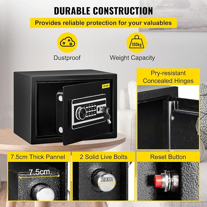 VEVOR Safe - 0.8 CU.FT Fingerprint Safe Box, Q235 Steel, 2 Keys & Digital Keypad for Money, Jewelry, Pistols, Documents, Watches - Home, Office & Hotel