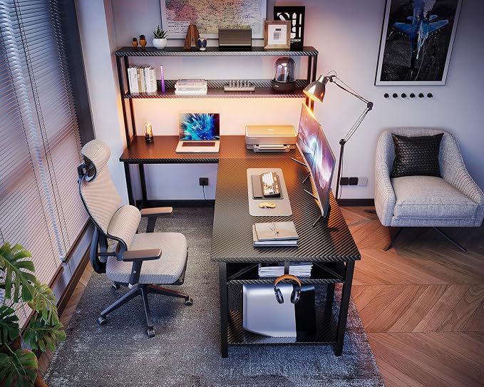 ODK 53 Inch L Shaped Gaming Desk with Hutch & Headphone Hook | Black Corner Computer Table with LED light & Storage Shelves for Home Office