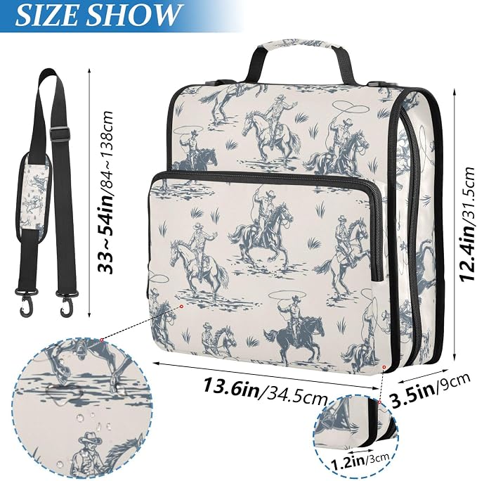 Fisyme Cowboys Horse Western Zipper Binder 3 Ring with Zipper and Shoulder Strap Large Capacity Multi-Pocket Zipper Binder Organizer
