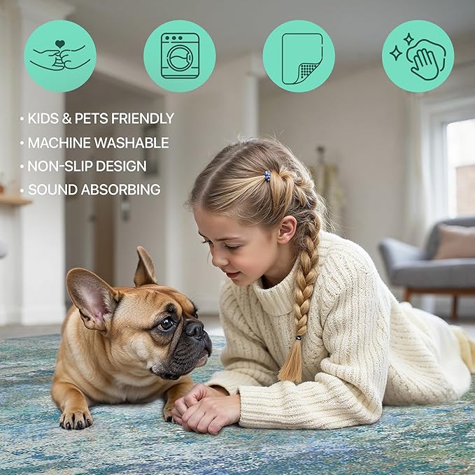 GENIMO Washable Rugs 9x12 Area Rugs for Living Room Bedroom, Modern Lightweight Rug Ultra Soft Indoor Area Rugs 9x12 for Dining Room, Low Pile Carpet with Non Slip Backing, Blue Green