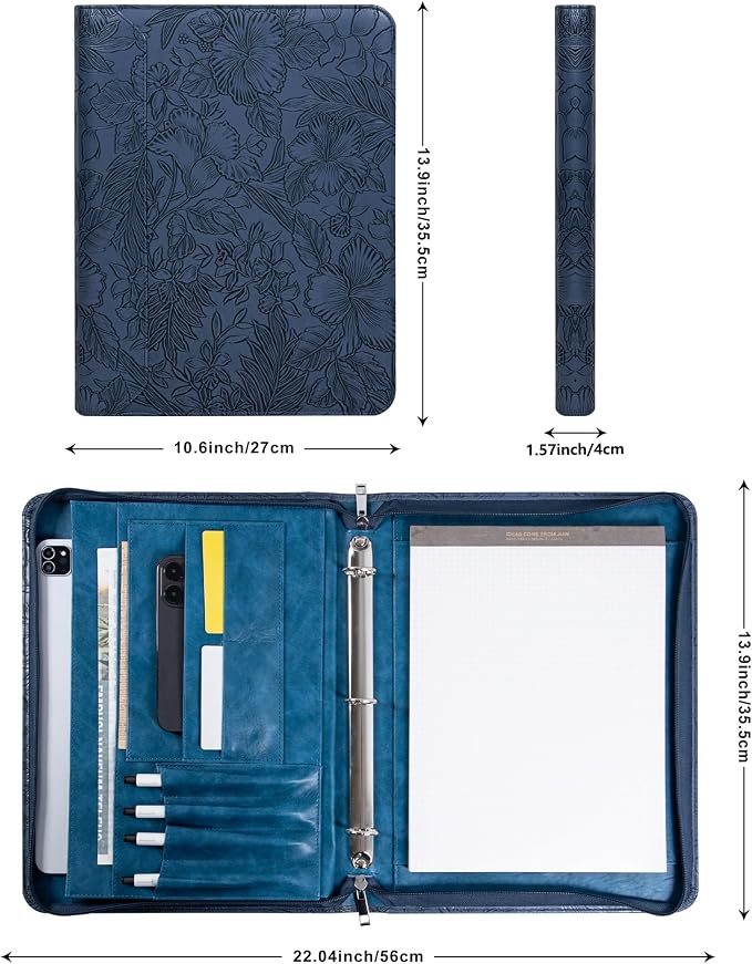 Dark Blue Embossed Vegan Leather Portfolio for Women, 3 Ring Portfolio Binder with Zipper, A4 Planner Binder with Laptop Pocket, Padfolio Legal Size,WorkBinder Organizer for Women