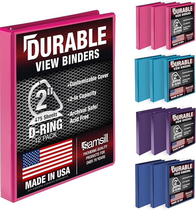 Samsill Durable 2 inch 3 Ring Binder, D Ring Binder, 100% Recycled Chipboard, Fashion Assortment, 12 Pack