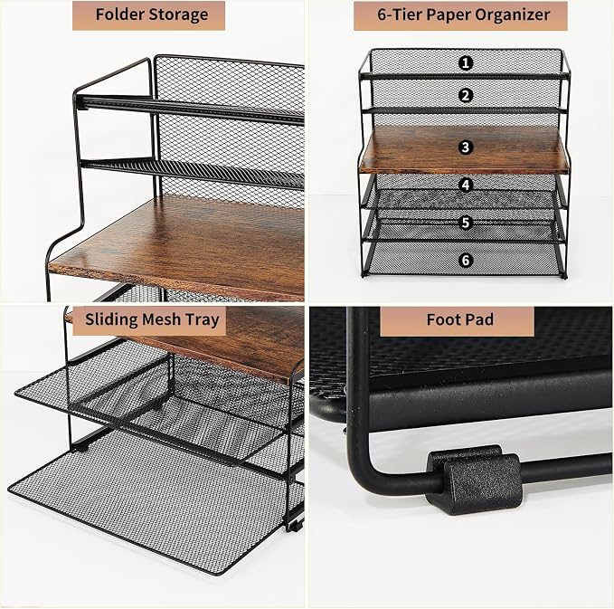 Desk Organizer, 6-Tier Paper Organizer Letter Tray, Brown Wood | Desk Organizers and Accessories, Office Desk Accessories & Workspace Organizers, Desktop File Organizer for Office Supplies