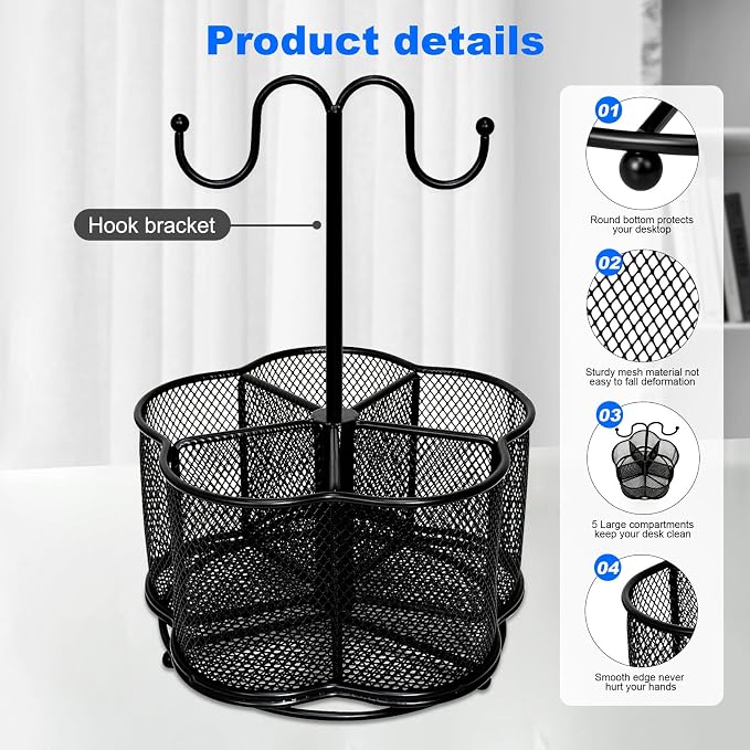 Pen Holder for Desk,360 Degree Rotating Pencil Holder Organizer | 5 Compartments,Large Capacity Pencil Holder for Desk,Metal Rust Prevention,Pen Organizers for Home(Black, With hook)