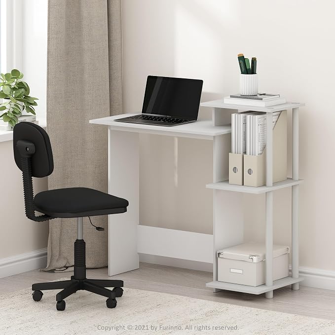 Furinno EFFICIENT Desk, 28.6" Wide Gaming Desk with 3 Open Side Shelves, Laptop Notebook Computer Desk, Office Desk for Home Office, Study Room, Dorm, Bedroom, White
