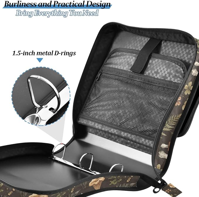 Mushrooms Flowers Brown Print Zipper Binder Bag 3 Ring with Shoulder Strap & Handle Multi Pocket Binder Organizer Bag Large Capacity for School Office Supplies