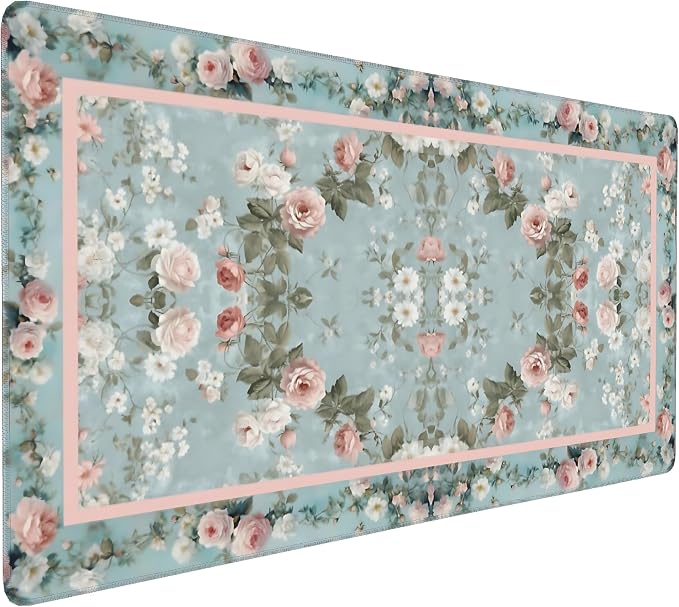Floral Aesthetic Rose Gaming Mouse Pad, Muted Green Rug Desk Mat with Anti-Slip Base & Stitched Edges,35.4" x 15.7" in Desk Accessories for Women, Home Office Decor & Artistic Gift