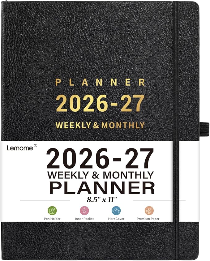 2026-2027 Planner - Academic Planner 2026-2027, July 2026 - June 2027, Weekly and Monthly Planners, 8.5" x 11", Pen Holder, Pocket, Faux Leather Cover -Black