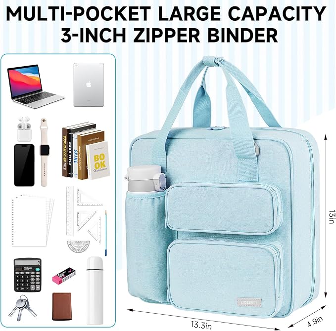 Zipper Binder 3 Ring, 700 Sheets Capacity, Binder 3 Inch with Shoulder Strap Fits 13 Inch Laptop for School and Office,Blue
