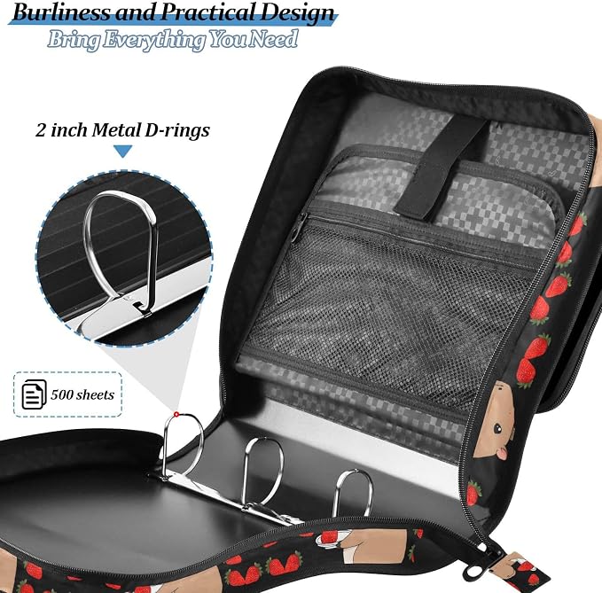 Capybara Strawberry Black 3 Ring Binder Bag 1.5 inch Binder Organizer with Zipper Shoulder Strap 500 Sheet Documents Storage for School Office