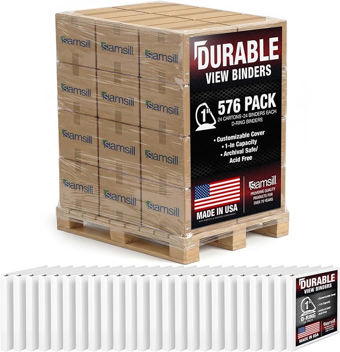 Samsill Durable 1 inch 3 Ring Binder, D Ring Binder, 100% Recycled Chipboard, White, Pallet of 576 Binders in 24 Cartons
