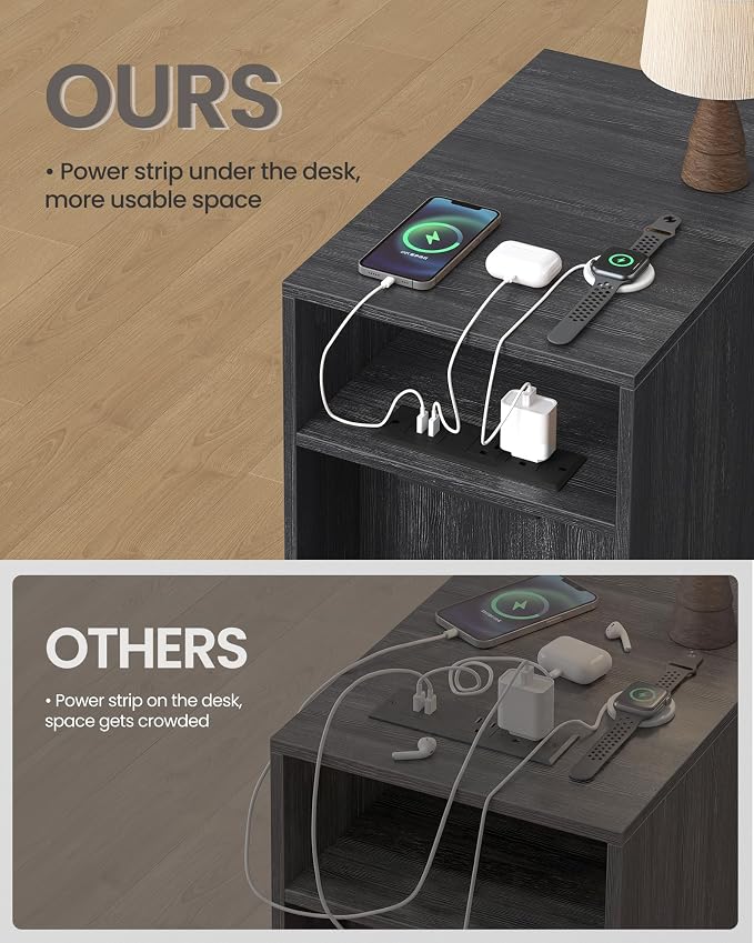 VASAGLE End Table with Charging Station, Narrow Side Table, Nightstand | Tapered Legs, Curved Transitions, for Small Spaces, Living Room, Bedroom, Charcoal Gray, MAEZO Collection ULET329B101S