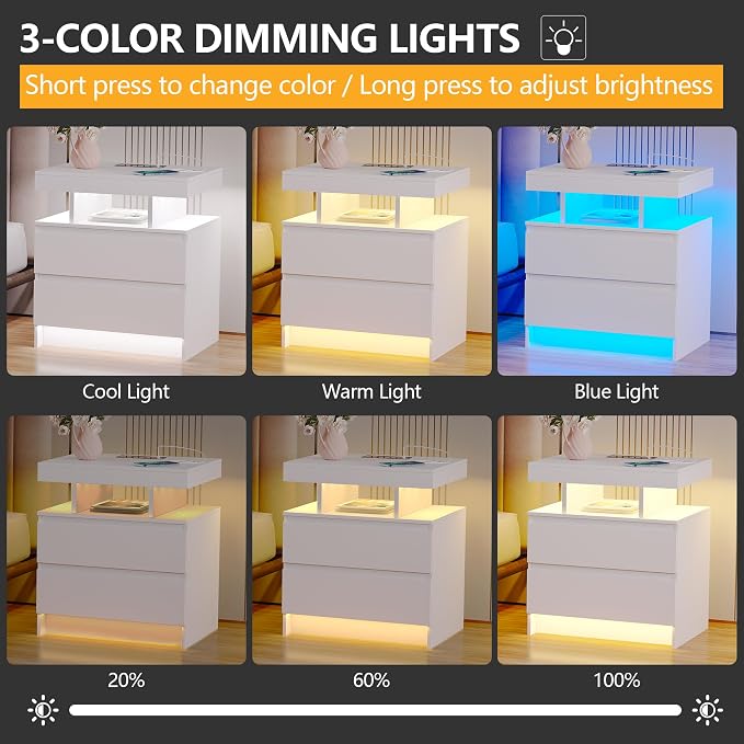 dnbss LED Nightstand with Charging Station, Smart Bedside Table, White | Modern Night Stand, Floating Desktop, 2 Drawers, 1 Compartment, Human Body Sensor, for Bedroom Living Room Office Storage
