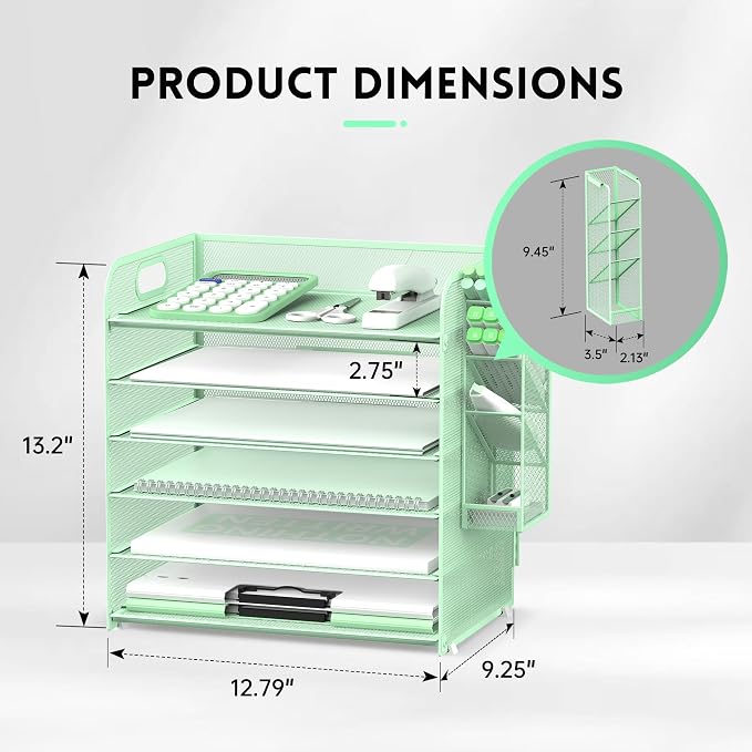 6 Tier Desk Organizer with 4 Pen Holders & Paper Trays Mint Green | 6 Tiers Paper Organizer, File Organizer Letter Tray with Handle for A4 Files, Folders, Mail and Office Supplies