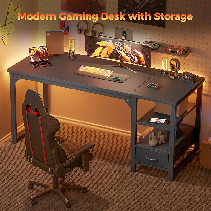 54 in Computer Desk with Drawer, 1" Thick Reversible Office Desk | Large Modern Writing Table with Storage Shelves, Heavy Duty Industrial Executive Desk for Home Bedroom Study Work