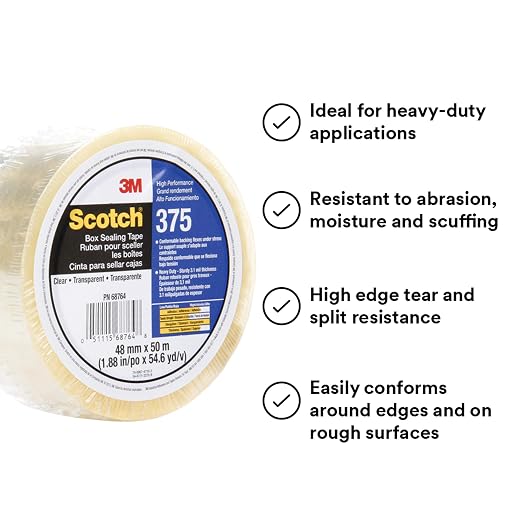3M Scotch 375 Industrial-Grade Packing Tape, Clear, 48 mm x 50 m