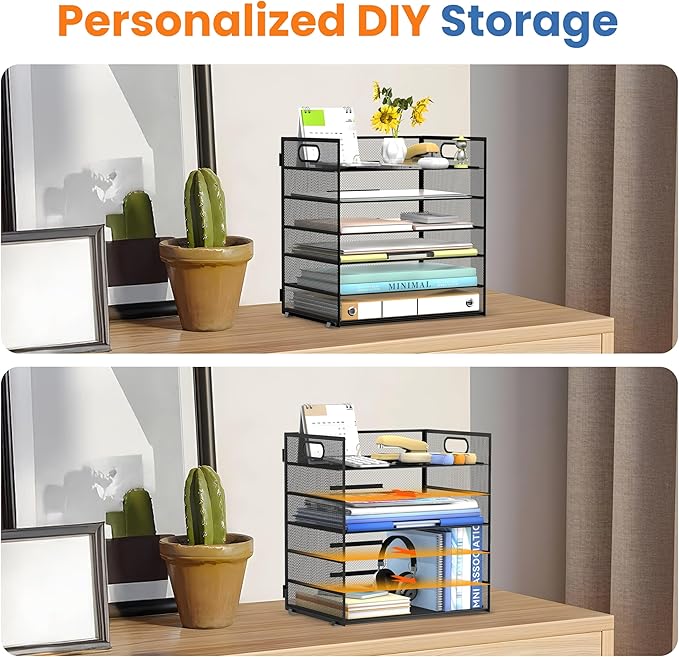 Daltack 6-Tier Paper Organizer for Desk with Handle, Black, 2 Pack | Sturdy Metal Mesh Organizer with Movable Middle Trays and a Carry Handle for Papers, Folders and Office Supplies
